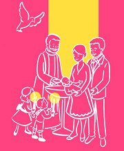 dessin avec famille, prêtre et petite baptisée